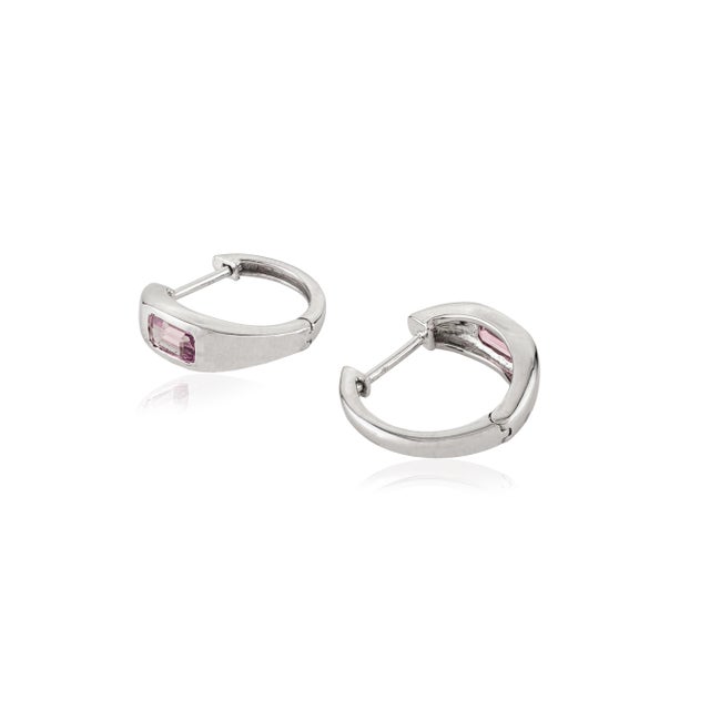 Metal Geometric Emerald-Cut Natural Pink Sapphire Huggie Hoop Earrings 14k White Gold- A Pair For Sale - Image 7 of 11