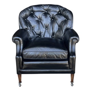 Vintage English Black Leather Club Chair With Tufted Back & Casters For Sale