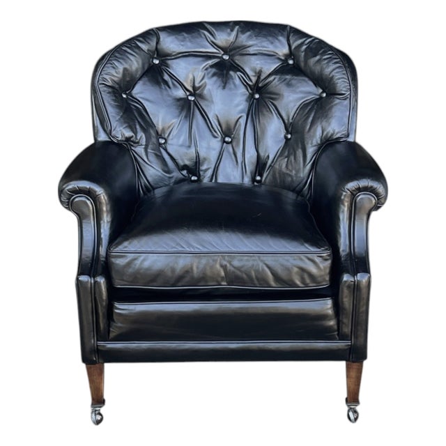 Vintage English Black Leather Club Chair With Tufted Back & Casters For Sale