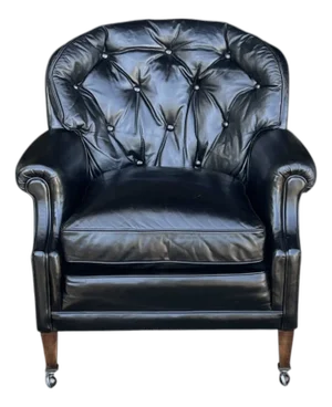 Vintage English Black Leather Club Chair With Tufted Back & Casters