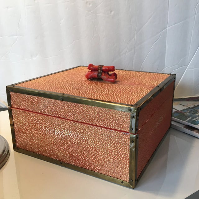 Coral - Colored Shagreen Lidded Box With Metal Wrapped Coral Lid Pull For Sale - Image 11 of 13