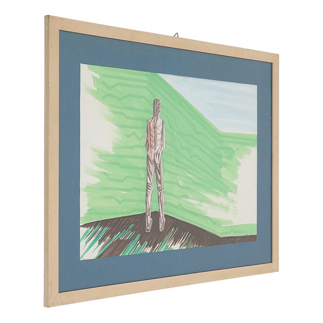 Mario Rossello, Stylized Figure, Mixed Media on Paper, 1970s For Sale