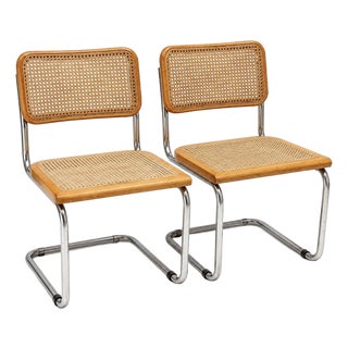 Pair of Vintage Chrome and Cane Cantilever Dining Chairs – Mid-Century Modern Style For Sale