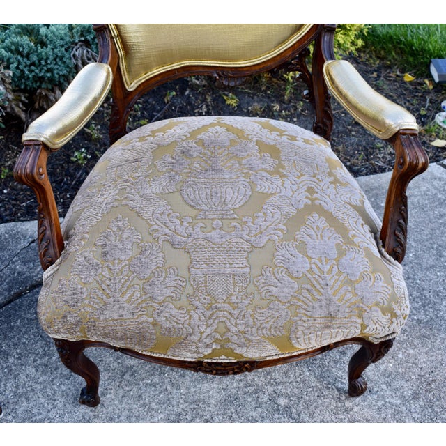 Pair Vtg. French Louis XV Style Carved Walnut Armchairs Gold Damask Chairs For Sale - Image 4 of 18