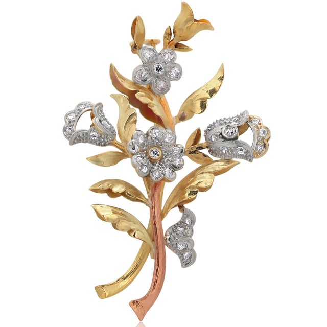 Mid-Century Vintage Platinum and 18k Yellow Gold Diamond Brooch For Sale - Image 4 of 6