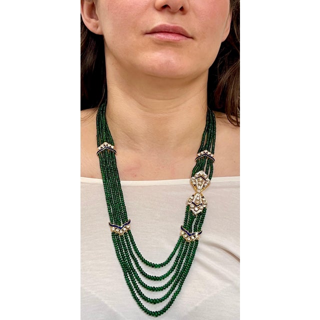 300 Carat 5-Strand Emerald Necklace with 4.8 Carat Diamond & Enamel in 14k Gold For Sale - Image 4 of 18
