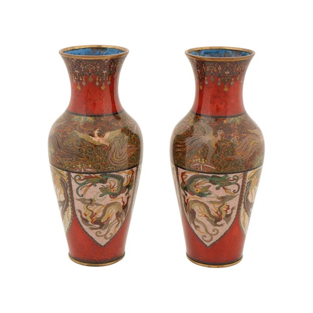 Late 19th Century Japanese Cloisonne Enamel Meiji Translucent Red Dragon Vases, Honda School For Sale - Image 5 of 7