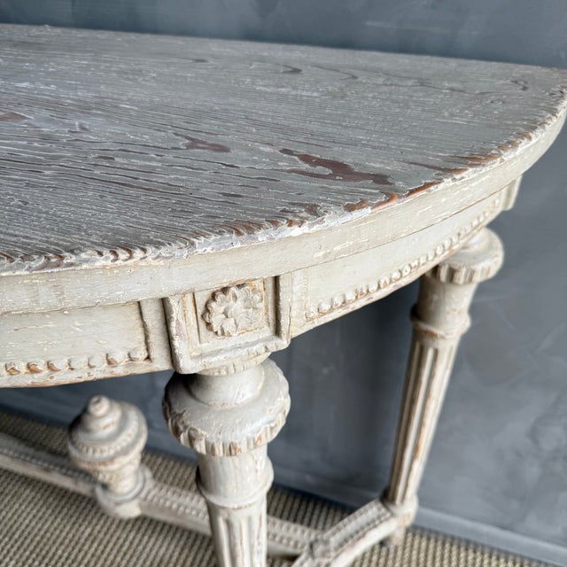 Wood Vintage Style Demi Console With Carvings and Distressed Painted Finish For Sale - Image 7 of 14