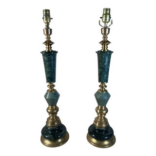 Mid 20th Century Green Marble & Brass Lamps - a Pair For Sale