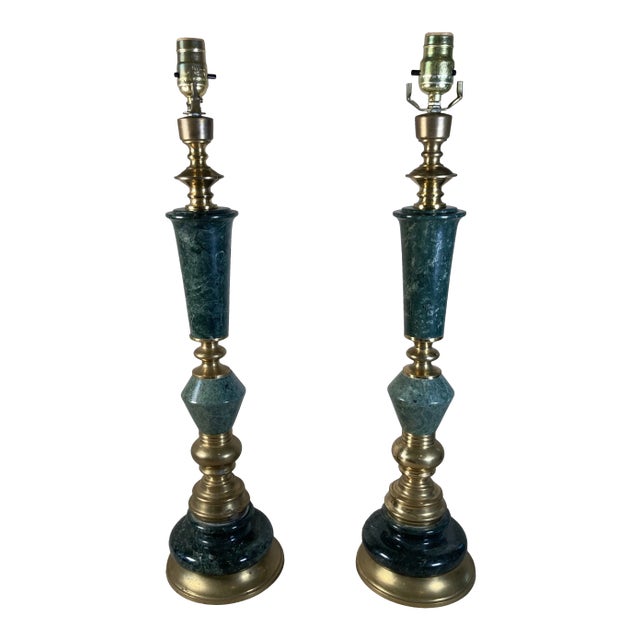 Mid 20th Century Green Marble & Brass Lamps - a Pair For Sale