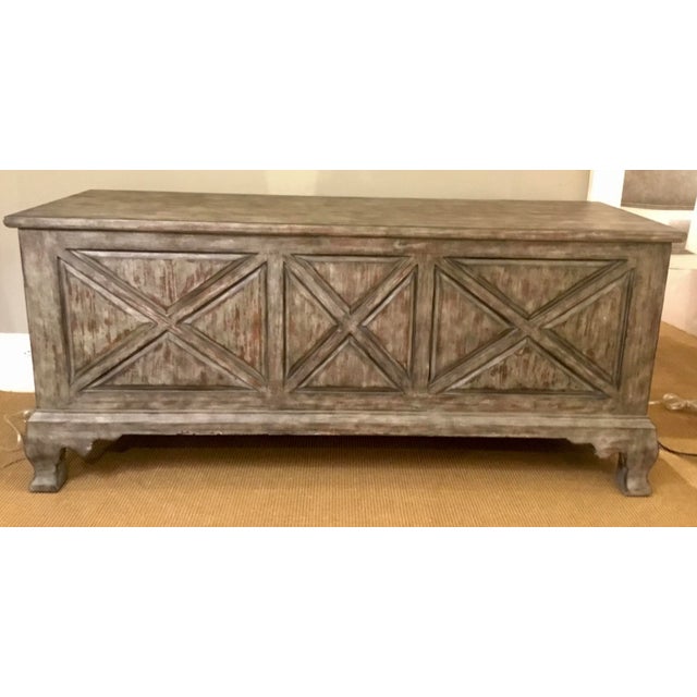Wood Rustic Gray Washed Storage Bench For Sale - Image 7 of 7