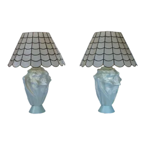 Pair of Vintage 1960s Faux Conch Shell Ceramic Table Lamps W/ Capiz Sea Shell Shade