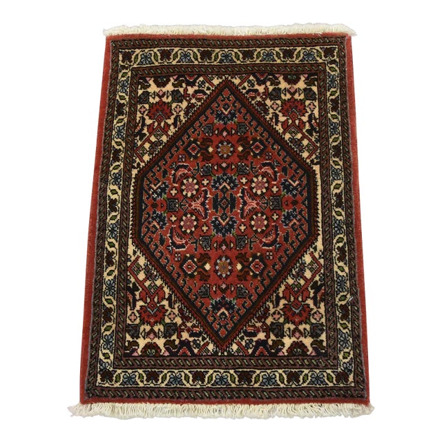 Fine Bidjar Rug 1’5” X 2′ Red Wool Vintage Traditional Hand-Knotted Carpet For Sale