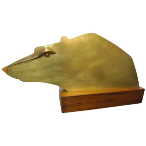 Large Modernist Austrian Brass Sculpture of Stylized Bear on Wood Base