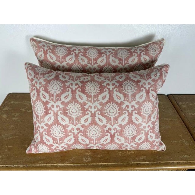 A refined pair of contemporary decorative pillows crafted in a beautifully printed linen textile, showcasing a classic,...
