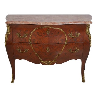 Vintage Louis XV Style Marquetry Bombe Marble Top Commode For Sale