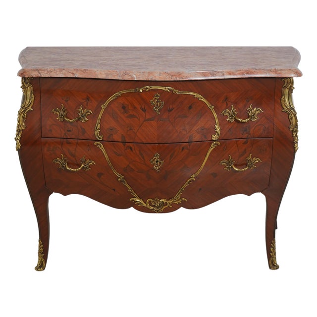 Vintage Louis XV Style Marquetry Bombe Marble Top Commode For Sale