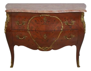 Vintage Louis XV Style Marquetry Bombe Marble Top Commode