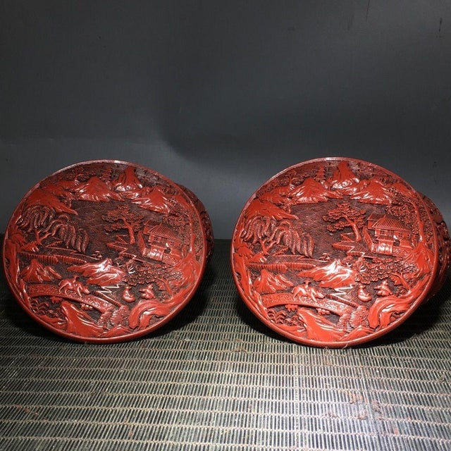 Mid 20th Century Pair of Vintage Cinnabar Carved Lacquer Landscape Jars For Sale - Image 5 of 6