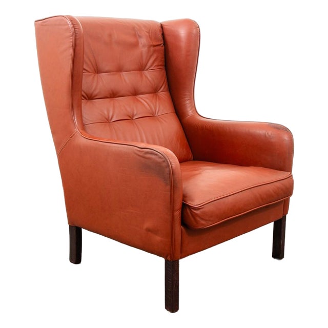 Mid Century Danish Modern Lounge Chair Wingback Red Leather High Back Tufted MCM For Sale