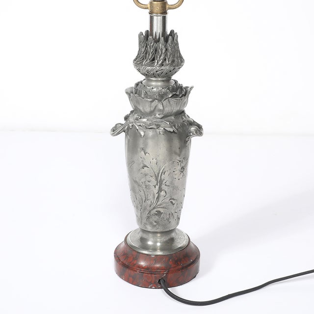 Art Nouveau Rosso Levanto Marble Base & Pewter Table Lamp Signed E. Lelièvre For Sale - Image 14 of 16