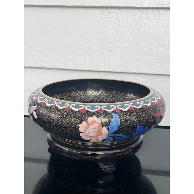 Chinese Chinese Cloisonné Black Enamel Bowl, Flowers and Birds, 8” With Stand For Sale - Image 3 of 12