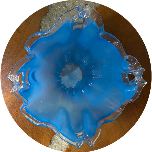 1960s Blue Murano Vaso Fazzoletto Bowl With Clear Glass Filigree For Sale - Image 5 of 7