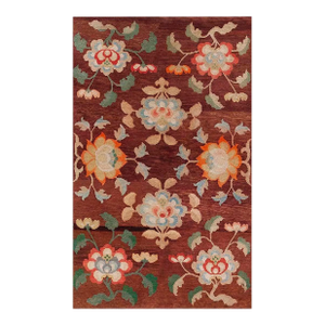 Beautiful Wine Red Color and Floral Iconic Design Antique Chinese Tibetan Rug.