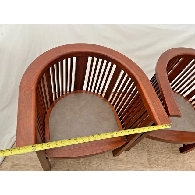 Rare Set of Stickley Lounge Chairs Spindle Barrel Back Solid Cherry Leather Seat For Sale - Image 12 of 18