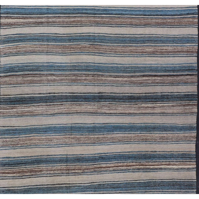 Cream Versatile Striped Design and Natural Brown, Cream, and Blue Flat-Weave Kilim 7'9 X 11'10 For Sale - Image 8 of 15
