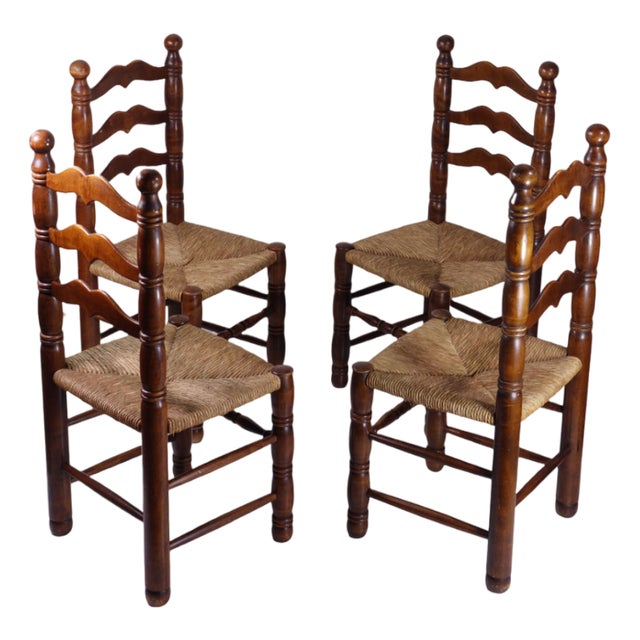 French Design Wicker and Oak Chairs attributed to Charles Dudouyt, 1940s, Set of 4 For Sale