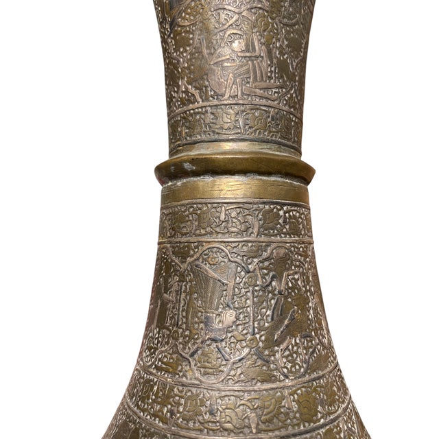 Metal Extraordinary 19th Century Qajar Persian Brass Vase Islamic Arabesque Antique Engraved Figures Animals 13.5" For Sale - Image 7 of 15