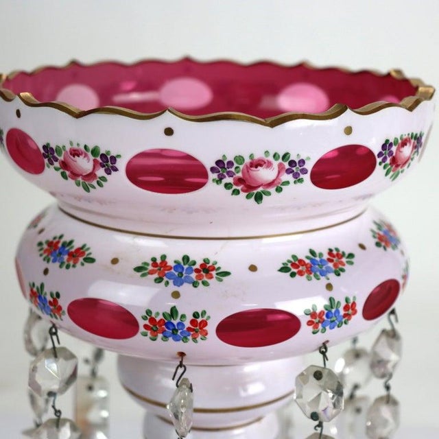 Pair Of Antique Bohemian Cutback & Hand Painted Cranberry To Clear Lusters With Crystals C1920 Measures - 12 1/2" x 6 5/8"...