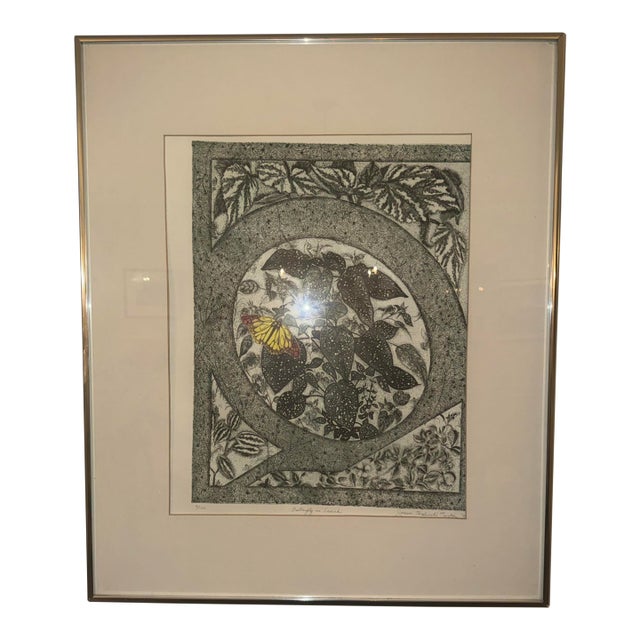1970s Joann Walworth Turner "Butterfly in Search" Signed Hand-Colored Etching, Edition 3/100, Framed Under Glass, 30x25 For Sale