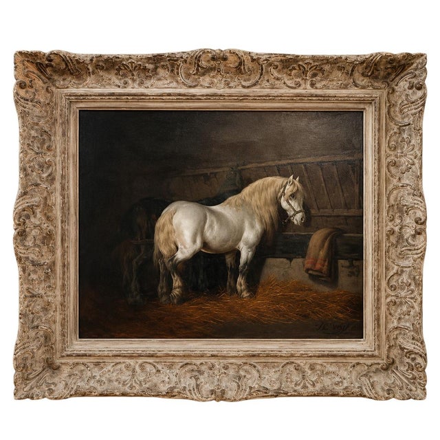 Théodore Fort, White Horse in the Stable, 19th Century, Oil on Canvas, Framed For Sale - Image 6 of 6