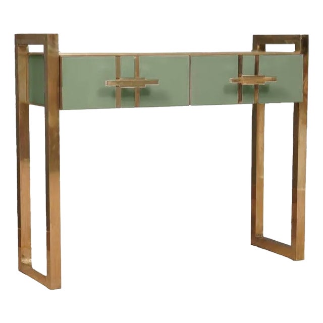 Green Glass Console With Brass Handles and Legs Made in Italy For Sale