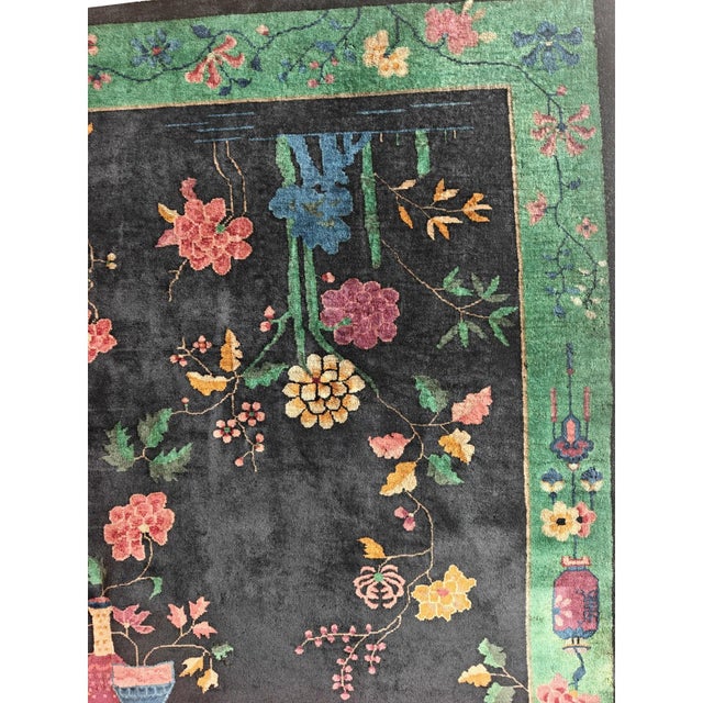 1920s 1920s Navy Blue Antique Floral Vase Modern Chinese Classic European Art Deco Rug For Sale - Image 5 of 6