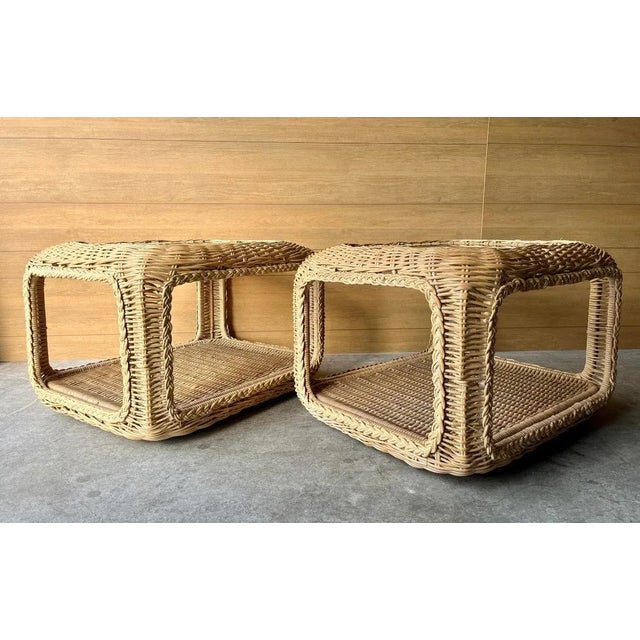 Wood Large Braided Wicker Side Tables a Pair For Sale - Image 7 of 9