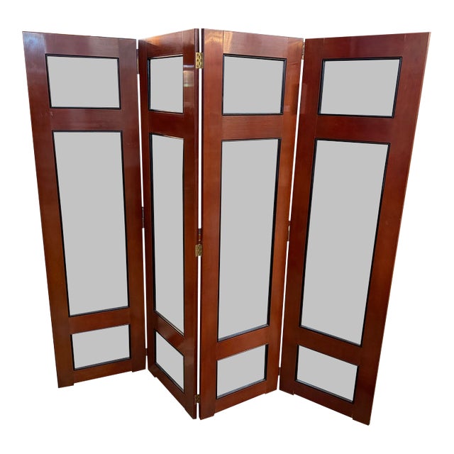 Vintage Contemporary Mahogany 4-Panel Folding Room Divider Screen With Beveled Glass For Sale