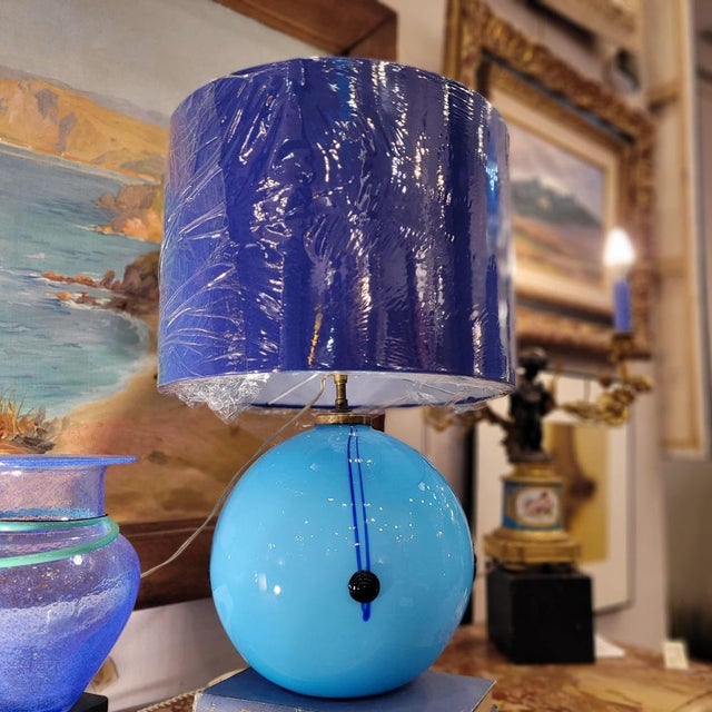 Art Deco Table Lamp in Blue Glass Sphere from Charles Schneider Workshop, France, 1940s For Sale - Image 3 of 18