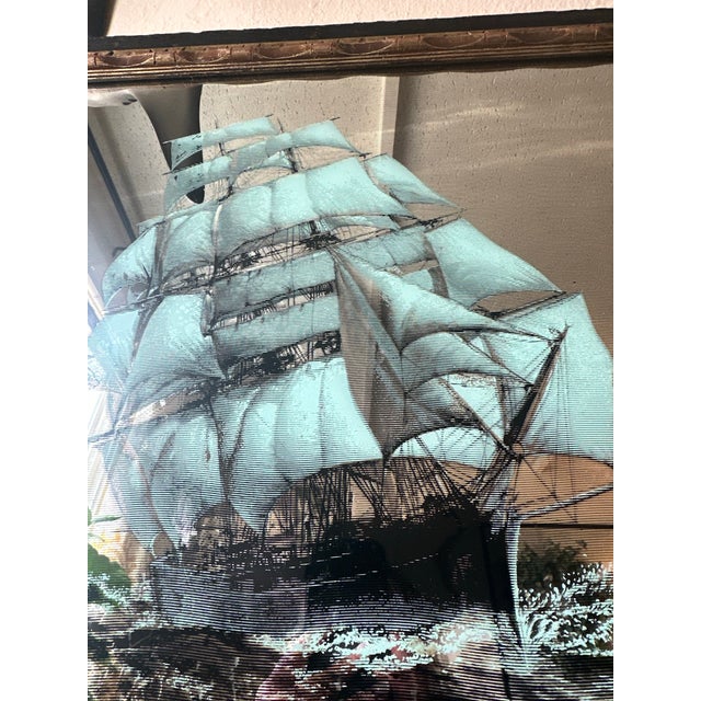 1960s Mid-Century Nautical Mirror With Clipper Ship Artwork | Hoyne Industries / M. Bohdal | Rustic Barn Wood & Gilt Frame For Sale - Image 5 of 12