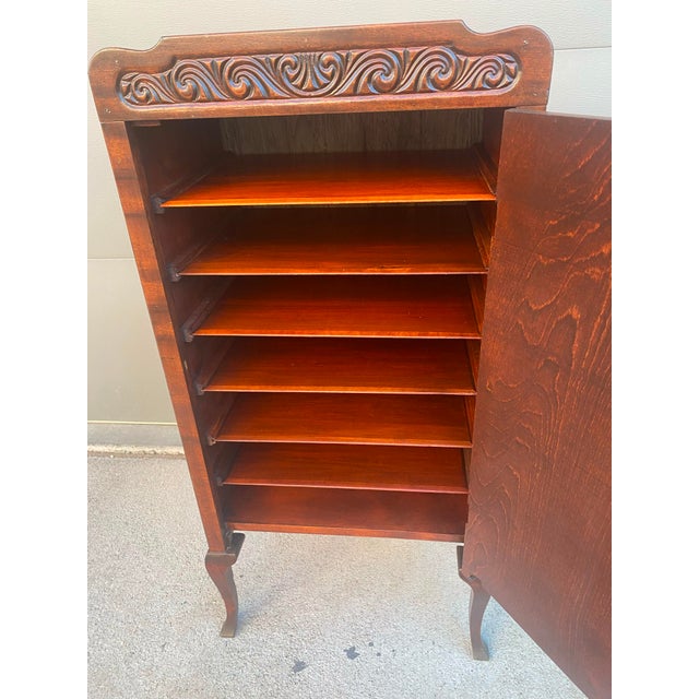 Antique Carved Mahogany Sheet Music Cabinet With Lock and Key For Sale - Image 16 of 17
