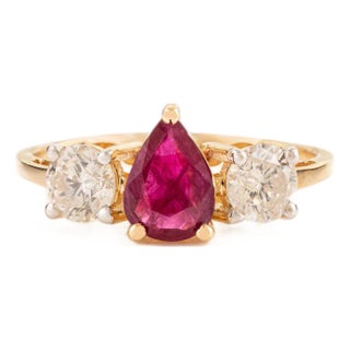 Ancient Prong Set Ruby & Round Diamond Past Present Future Ring Size 5 in 14k Gold For Sale
