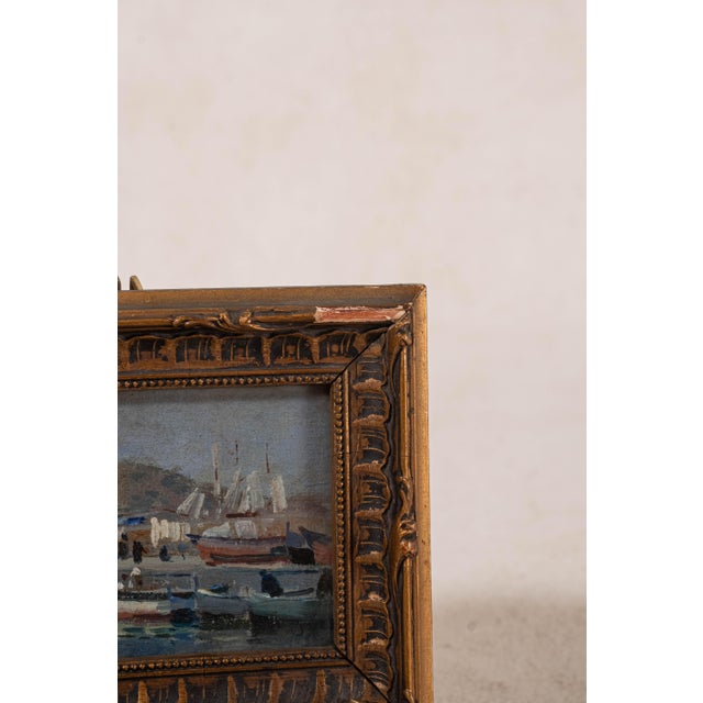 Antique French Oil on Board of Boats in Harbor For Sale - Image 4 of 5