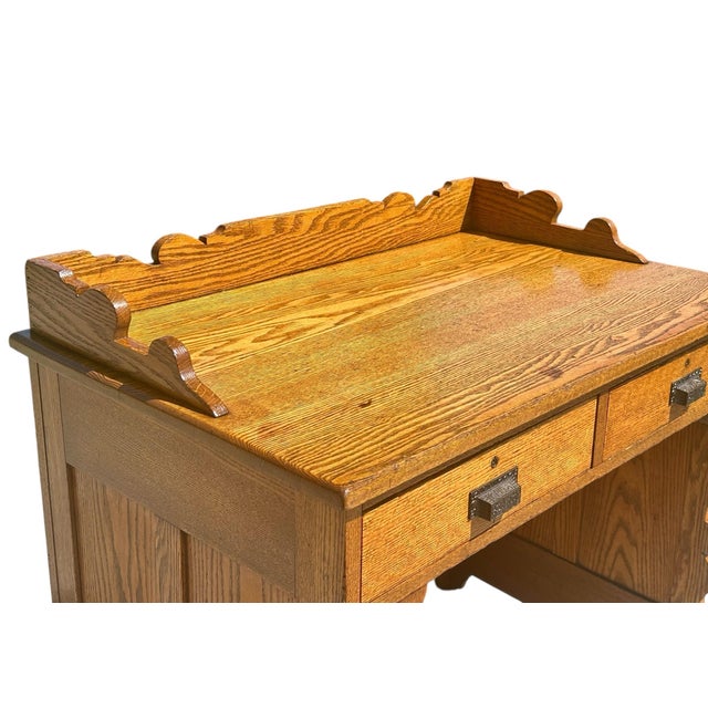 Late 19th Century Antique Victorian Tiger Oak Raised Panel Two Drawer Desk With Scrolled Gallery For Sale - Image 5 of 10