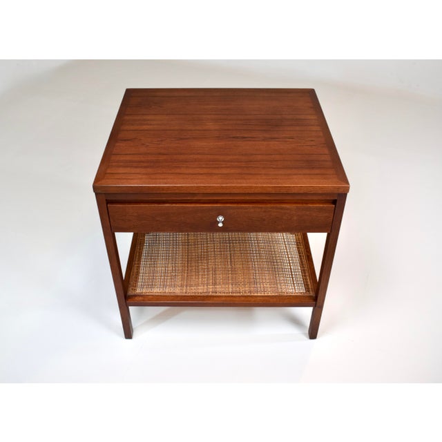Paul McCobb for Lane Altavista, side or end table featuring striking oiled walnut wood grains, single dovetailed drawer...