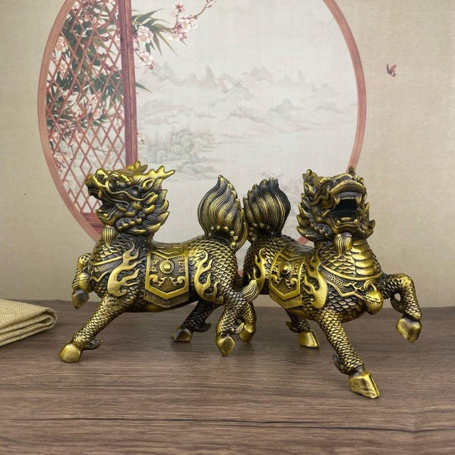Late 20th Century Pair of Gilt Bronze Qilin Statues – 5.1" Mythical Beast Figures With Scale Detail For Sale - Image 5 of 8