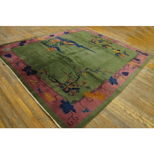 Art Deco 1920s Green Pictorial Antique Chinese Art Deco Carpet Rug 8' X 9'6" Wool Knotted Pile For Sale - Image 3 of 12