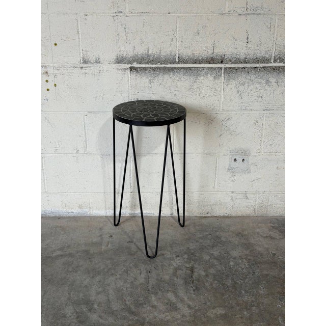 Black Stone Mosaic Top Plant Pedestal With Metal Hairpin Legs Vintage 1970s For Sale - Image 9 of 10