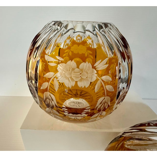 Late 20th Century Pair of Vintage Huta Julia Poland Amber Cut-to-Clear Crystal Orb Bowls For Sale - Image 5 of 12